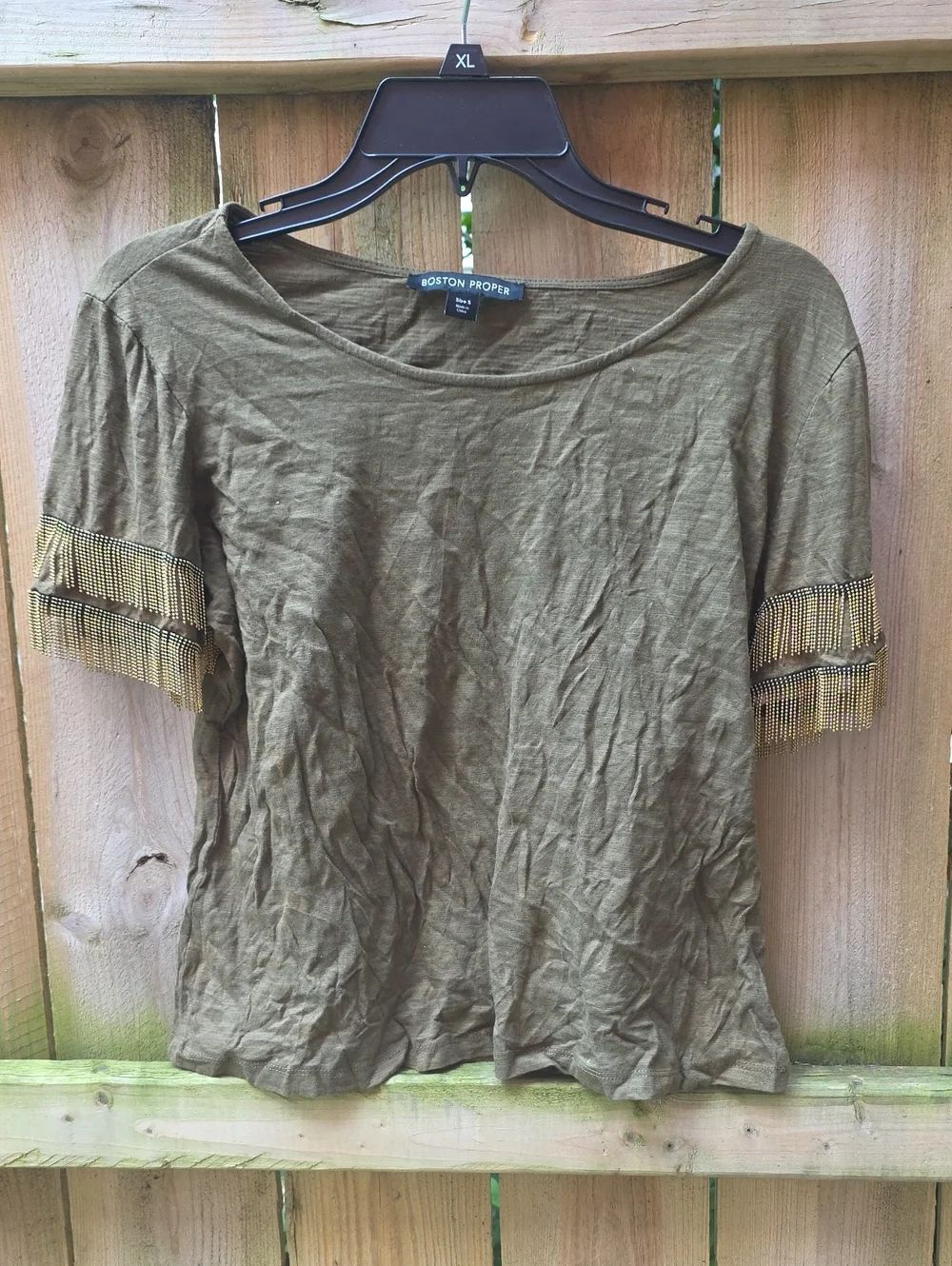 Boston Proper Olive Short Sleeve Top with Fringe Sleeve Detail